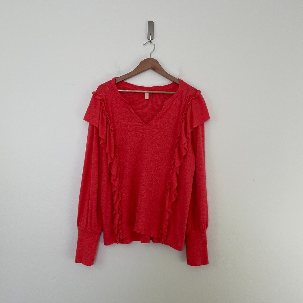 Anthropologie Pilcro Popover Ruffle Knit Top Coral Orange Size Large